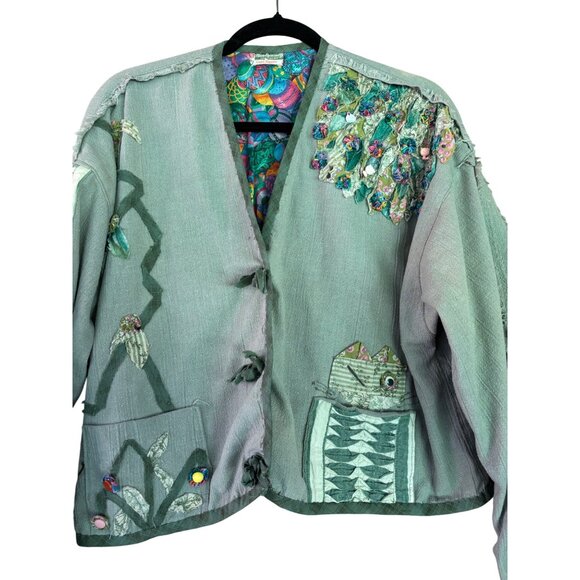 Handmade Green Boho Kimono Jacket With Colorful Patchwork Applique Details - Picture 2 of 13